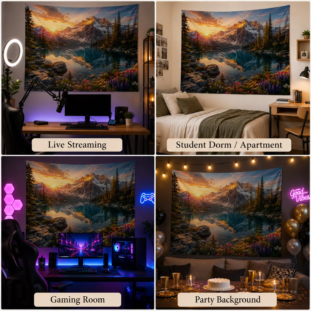 Mountain Lake Sunset Tapestry Pine Forest Scenic Landscape Wall Hanging Nature Wall Decor for Bedroom