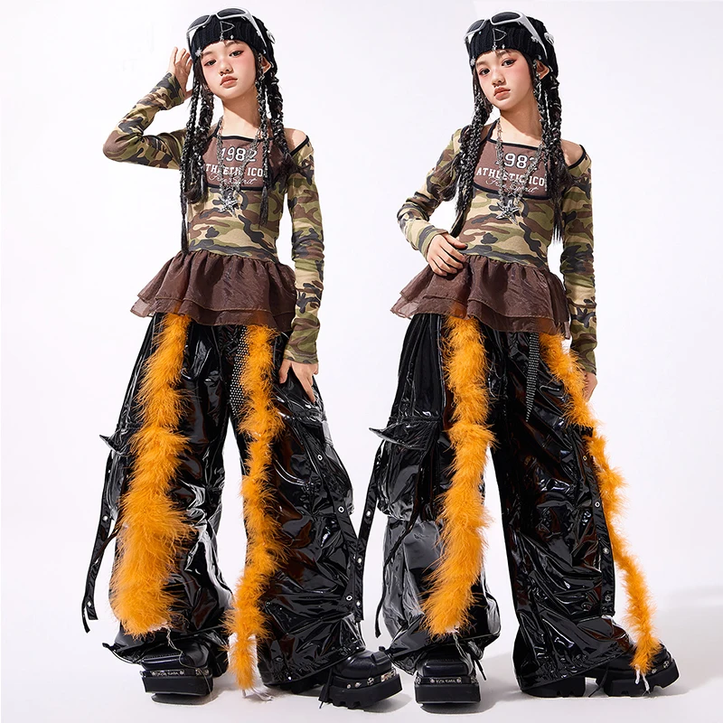

Kpop Dance Clothes Children Jazz Show Performance Wear Camouflage Top Black Hip Hop Trousers Cool Girl Fashion Streetwear 3174