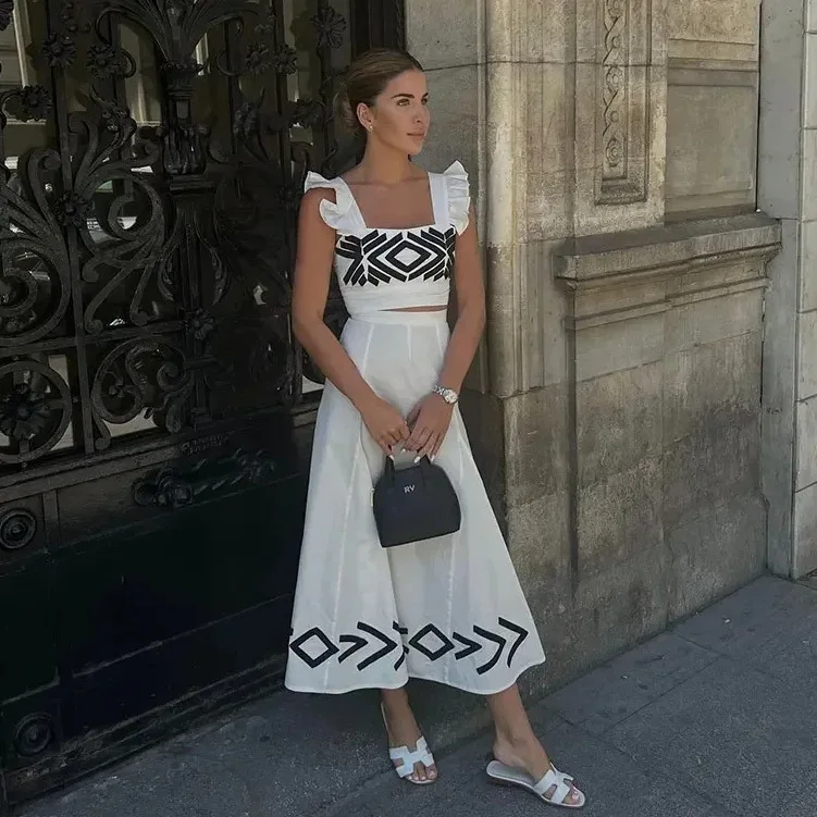 

Комплект из топа без рукавов и юбки для женщин: топ с рюшами и принтом, летний повседневный комплект из двух предметов