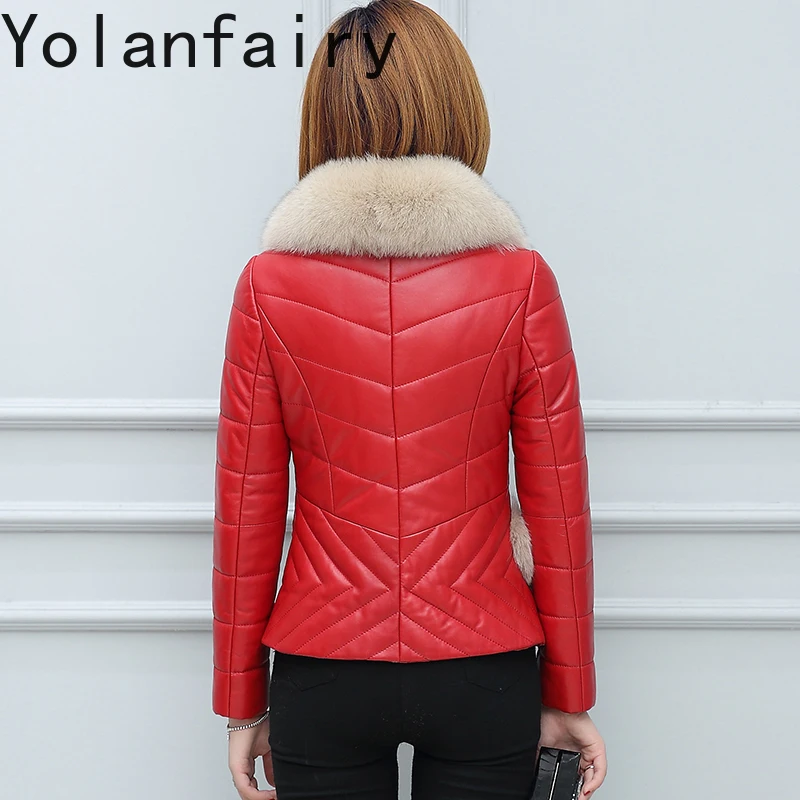 YOLANFAIRY معطف قطني من جلد الغنم الحقيقي للنساء لخريف وشتاء 2025 سترة من الجلد الطبيعي للسيدات بياقة من فرو الثعلب سترات دافئة قصيرة