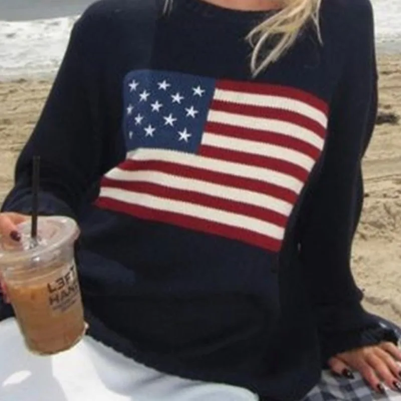 Women's Vintage American Flag Knit Sweater  Long Sleeve Sweaters OversizedPullover Winter Tops Luxury Clothes Y2K  Aesthetic