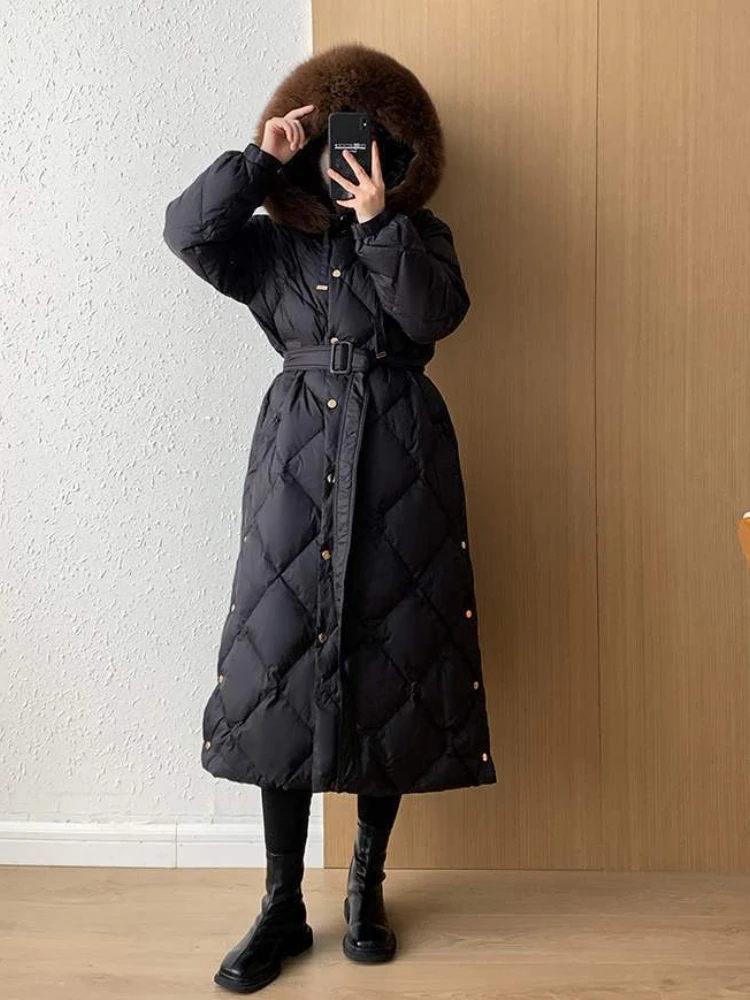 2024 New Winter Women  Real Fox Fur Collar Hooded Large Down Jackets 90% White Duck Down Thick Warm Belt Waist Outerwear