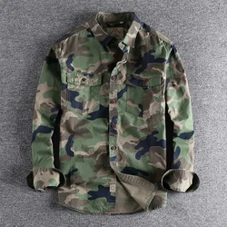 Trendy Washed Camouflage American Style Overalls Long Sleeve Shirt Man Pair Pocket Versatile Casual Military Youth Top