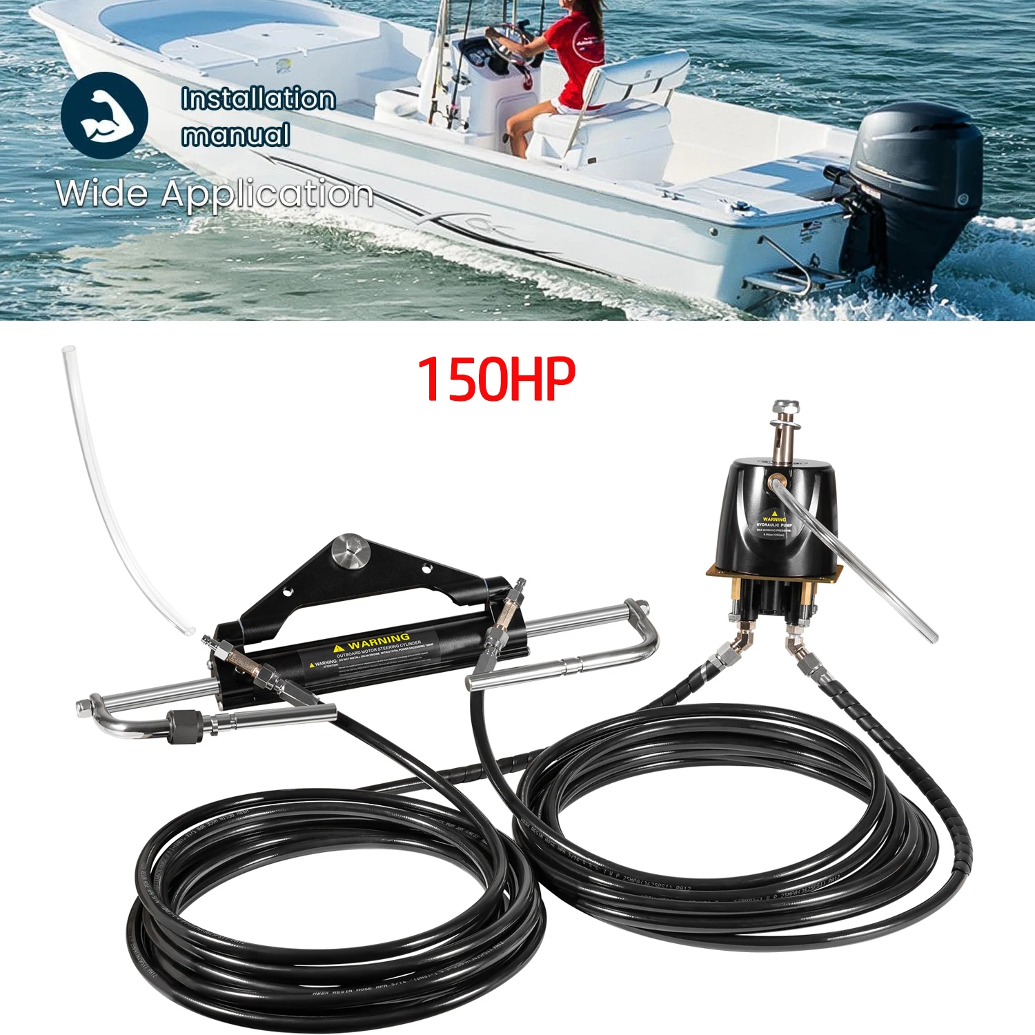 Outboard 150HP Hydraulic Steering Kit with Steering Wheel - for Single Station, Single-Engine use Built-in Two-Way Lock Cylinder