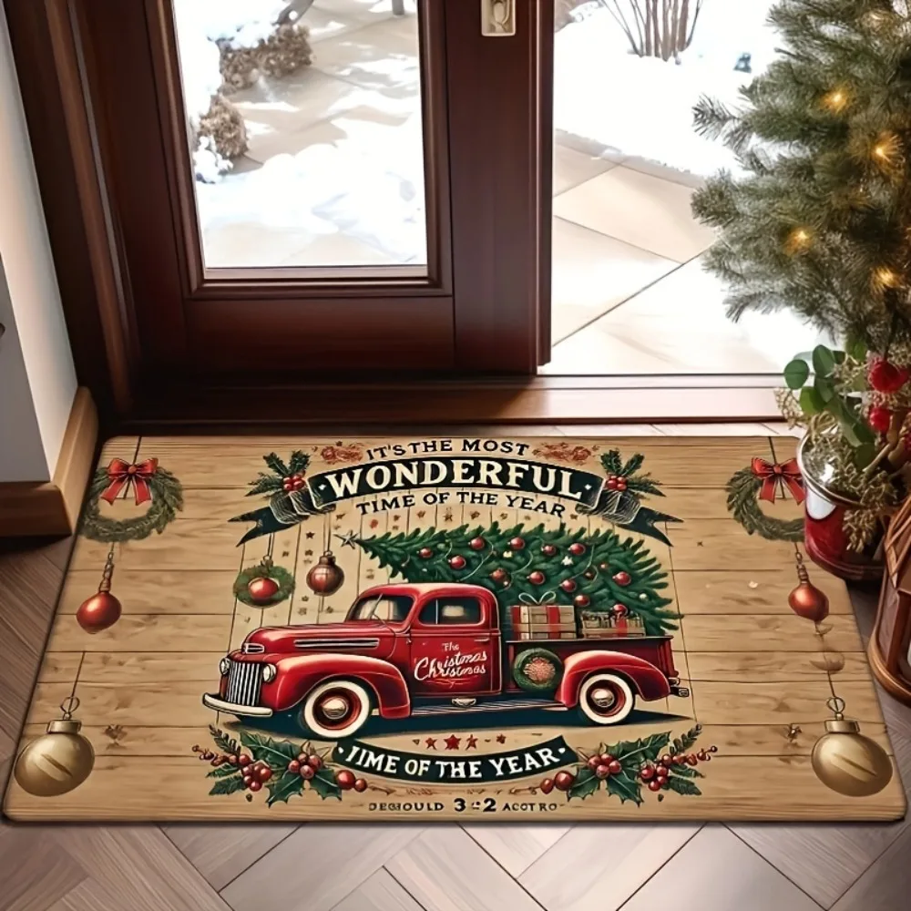 

1pc Christmas Vintage Red Pickup Truck & Tree Floor Mat Non-Slip Flannel Sponge Floor Mat Soft Entryway Holiday Decor Carpet Rug