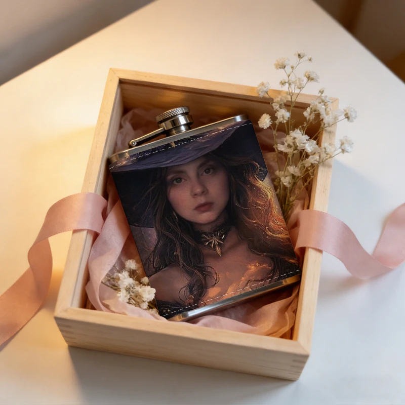 Dark Fantasy Witch Portrait Pattern 8oz 304 Stainless Steel Hip Flask Portable Leakproof Whiskey Flask for Women Men Travel Camp