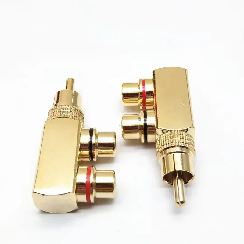 Pistola-Fine Copper Plated Lotus RCA, dividida em dois áudio e vídeo, adaptadores AV em forma de T, um macho e duas fêmeas