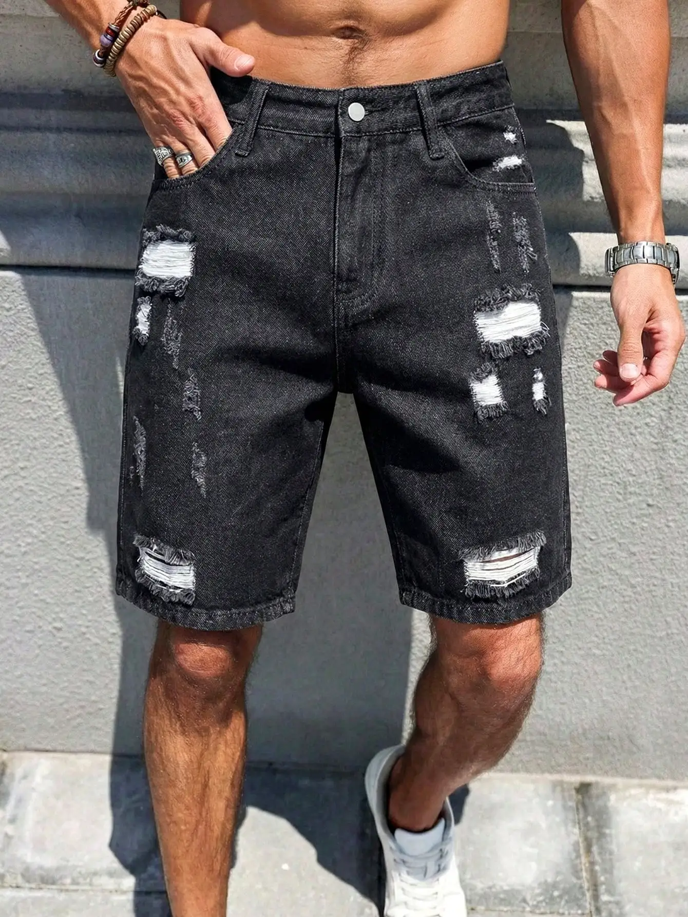 Men's Black Distressed Ripped Denim Shorts, Raw Edge Straight Fit 5-Inch Jeans