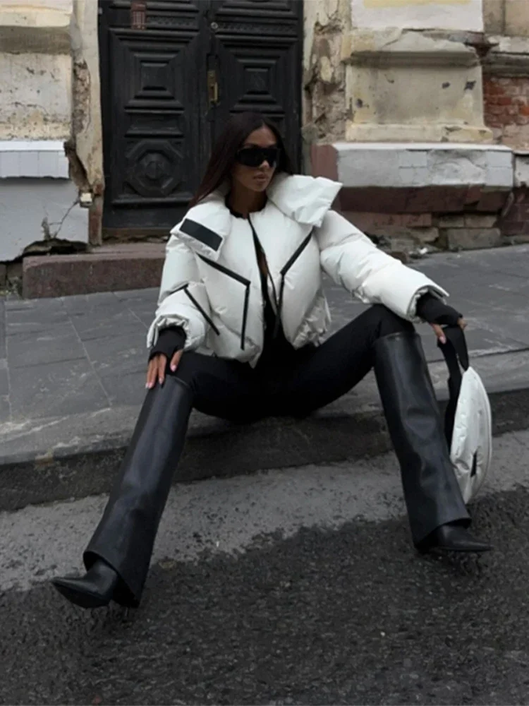 시크한 솔리드 코튼 패딩 크롭 코트 여성 루즈한 배색 따뜻한 긴 소매 지퍼 재킷 2025 패션 가을 겨울 코트 여성용