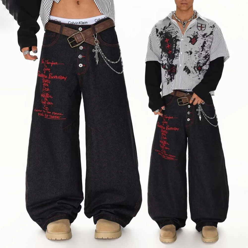 Mens Y2k Multi-Button West Coast Text Jeans Streetwear Fashion Color Blocking Trendy Niche Casual Pants Men'S Clothing 2026 New