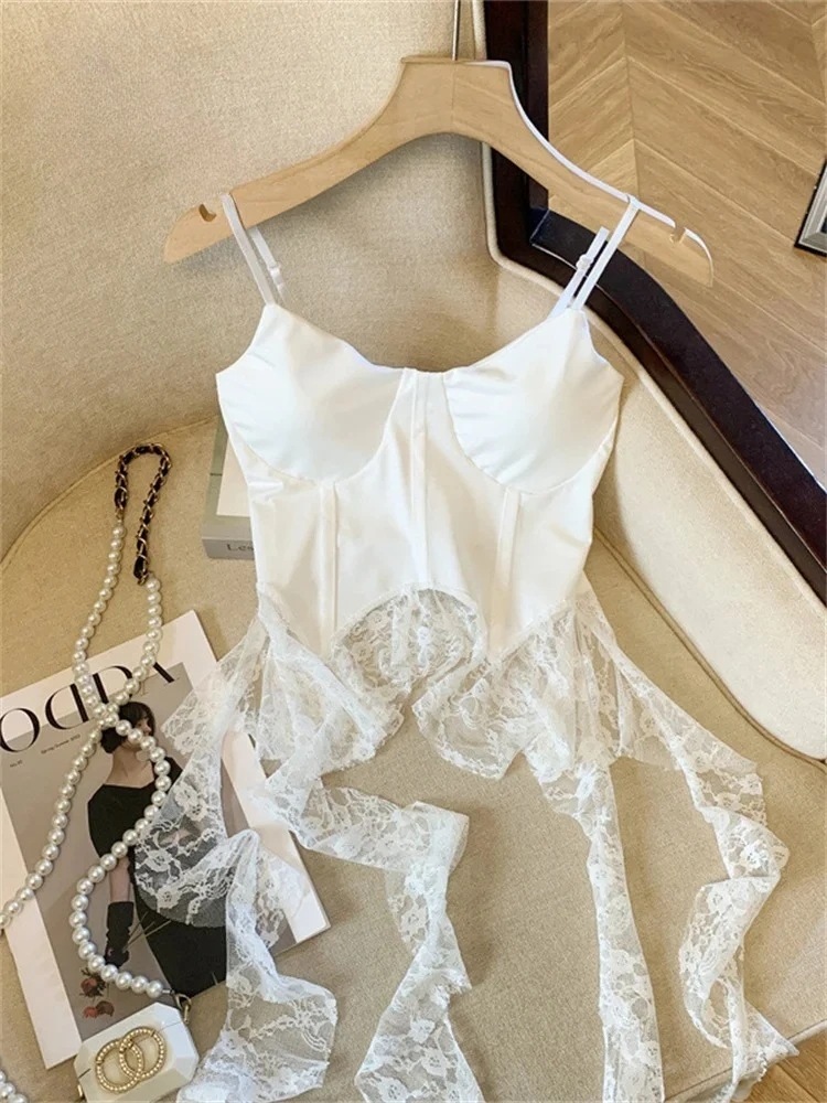 

Summer Irregular Sexy Camisole French Style Sleeveless Sheath Camis Women Lace Spliced Solid Streetwear Camis