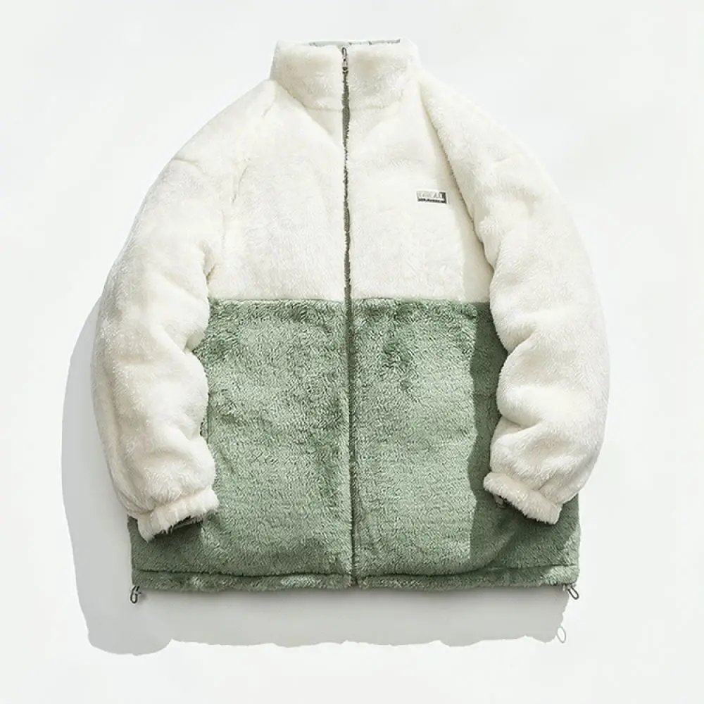 Winter Reversible Cotton Jacket Unisex Lamb Wool Parka Loose Fit Warm Thick Coat Casual Stand Collar Outerwear