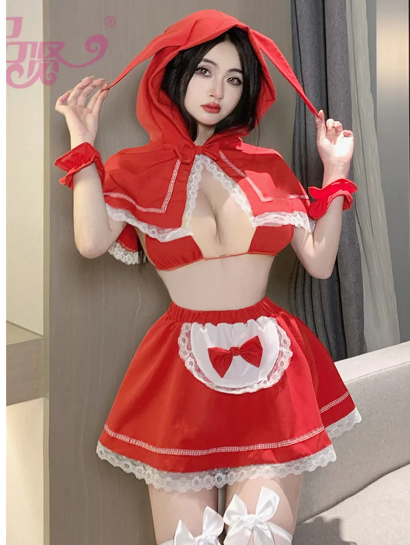 Underwear Female Role Play Rabbit Girl Split Set Cute Maid Red Cloak Top Lace Short Skirt New Style Loose Fitting 2372 SM24