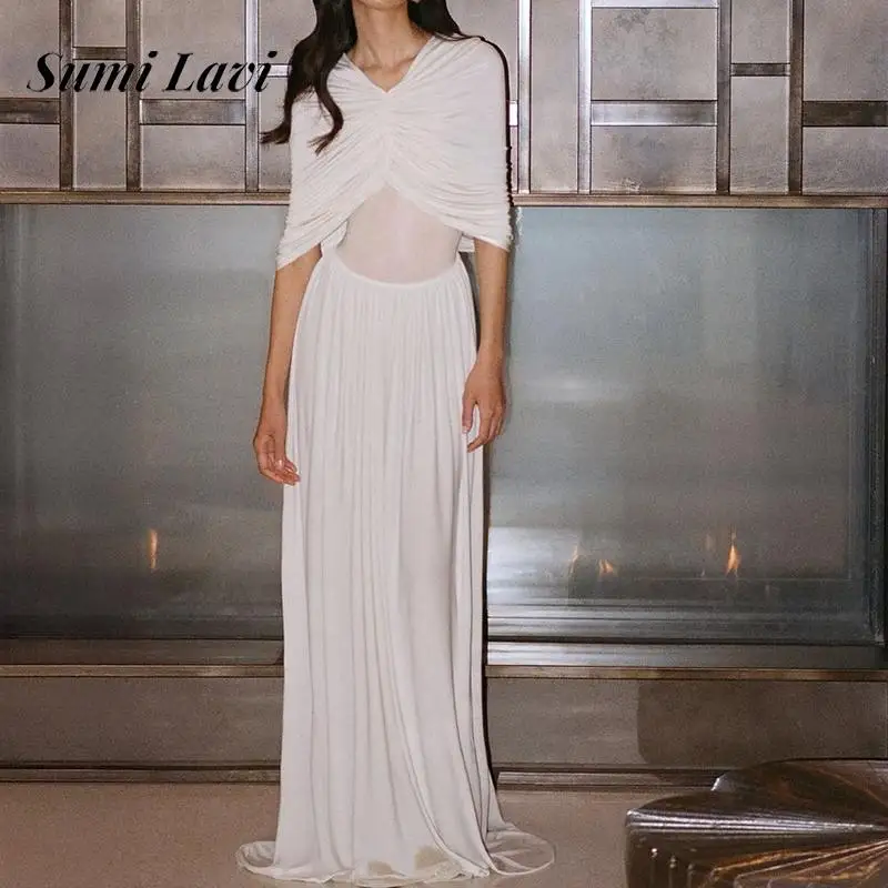 

Elegant V-neck Pleated Slim Fit Robe Dress Women Fashion High Waist Solid Color Long Dress 2025 Casual Shawl Sleeve Party Dress
