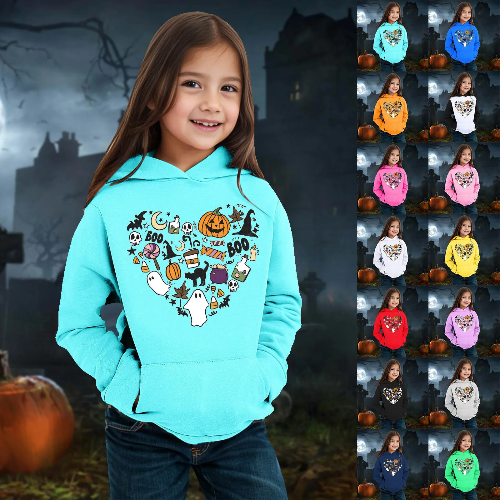 Children's Long Sleeved Halloween Heart-shaped Printed Hooded Top Baby Boy Halloween Outfits Ghost Print Long Sleeve Sweatshirt