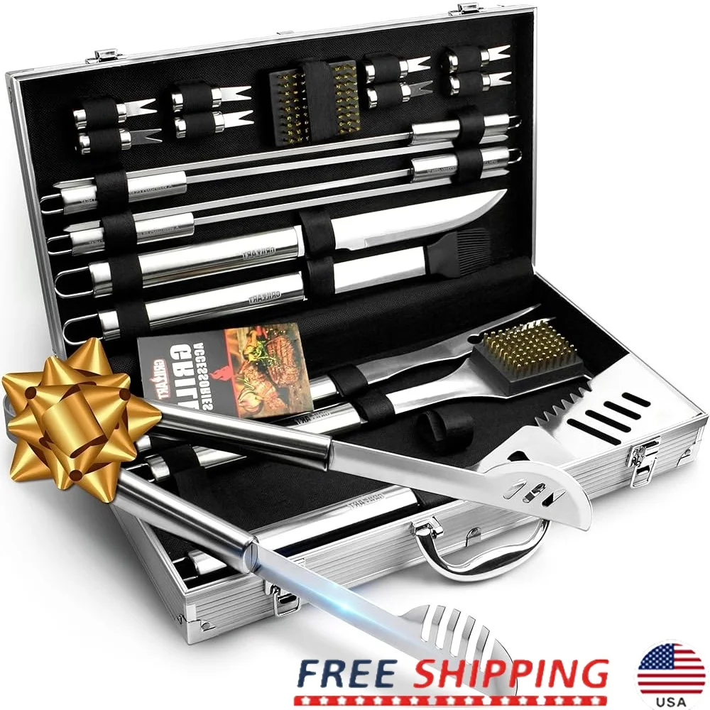 

19-Piece BBQ Grill Tools Set Stainless Steel Utensil Kit Aluminum Case Includes Tongs Fork Knife Brush Spatula Skewers Corn