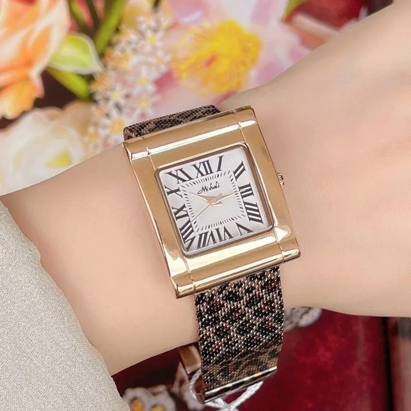 New trendy fashion steel belt women's watch leopard print square automatic waterproof quartz watch women's watch European style