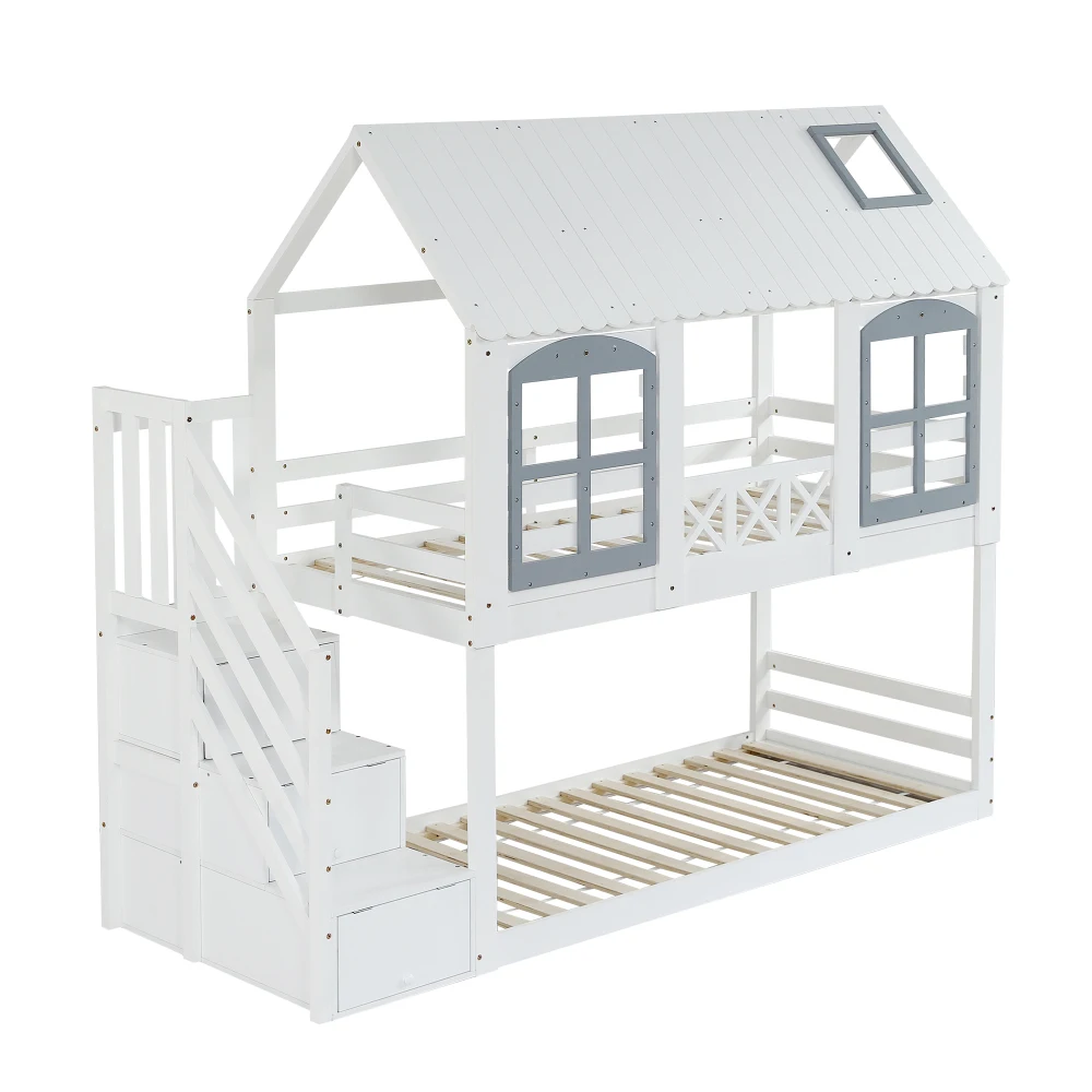 PINGGO Weißgraues Etagenbett 90x200cm mit Dachfenster, Leiter, Fallschirmgitter und 3 Staufächern aus Kiefern-MDF, ohne Matratze – Detail 14