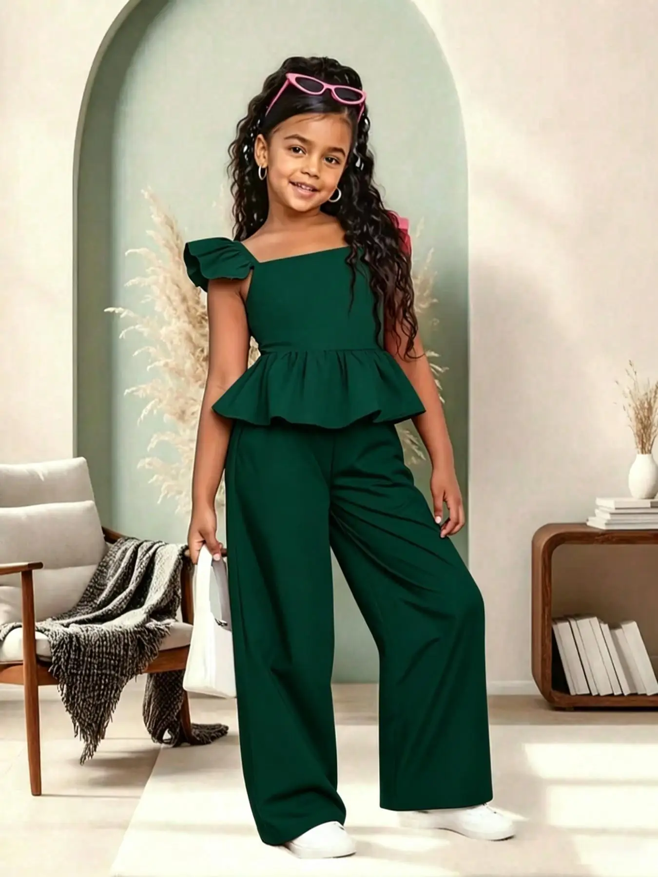 Mädchen-Jumpsuit mit Schößchen und weitem Bein, lässiger Jumpsuit mit quadratischem Ausschnitt, schmale Passform, All-in-One-Design, bequem für den Alltag, für Wochenendausflüge – Detail 21