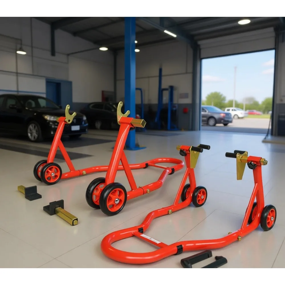 

Motorcycle Front and Rear Combo Wheel Lift Stand Universal Swingarm Spool Paddock Stand Red