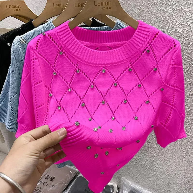 Neploe Solid Color Puff Sleeve T-Shirts 2024 Summer Hollow Out Niche Sweet Knit Tops Femme Korean Simple Casual O-Neck Tees