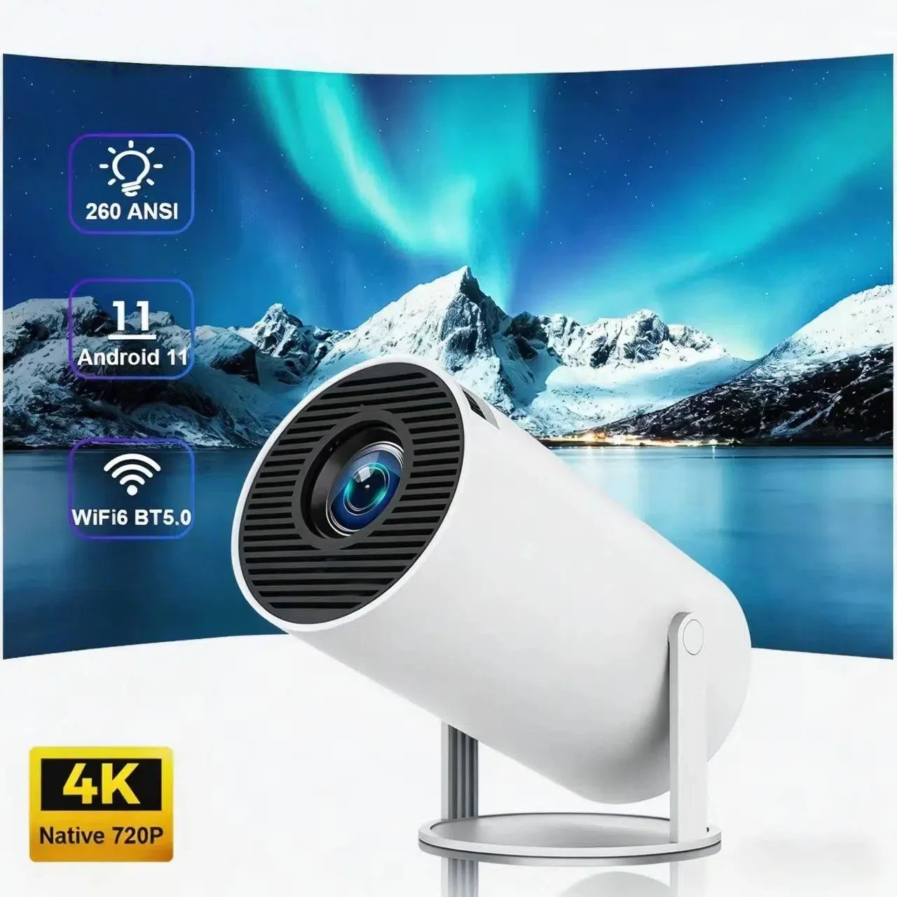 

Проектор KaiAqua 4K Wifi6 260 ANSI с двойным Wi-Fi, процессором Allwinner H713, BT5.0, разрешением 1280*720P, для домашнего кинотеатра и портативного использования на открытом воздухе HY300