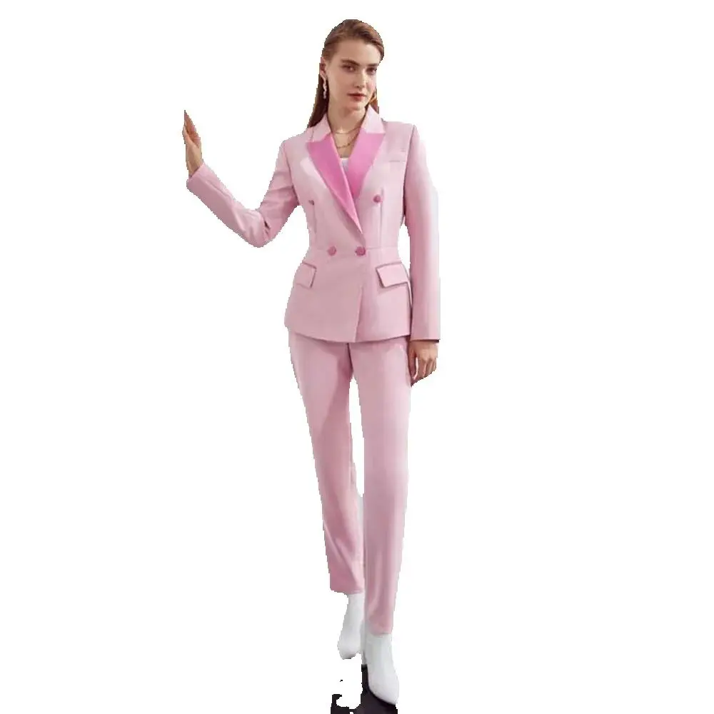 Fashion Chic Pink Autumn Clothing Women Double Breasted 2 Piece Jacket Pants Female's Suits Office Lady Slim Fit Blazers Sets