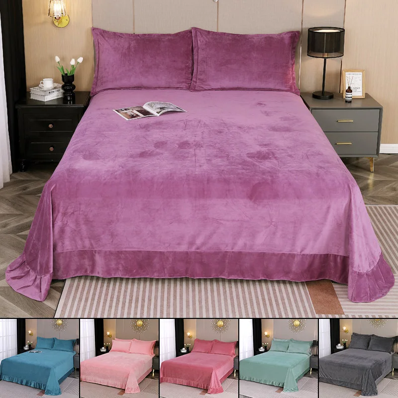 Solid Color Velvet Ruffle Trim​ Bed Sheet Winter Warm Thickened Coral Fleece Flat Bedsheet Soft Plush Bedspread No Pillowcases