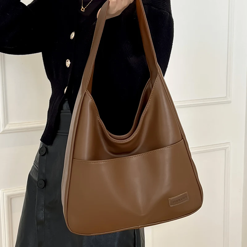 Large Capacity Bag For Women New Vintage Commuter Tote Bag PU Leather College Students Single Soft One Shoulder Bags