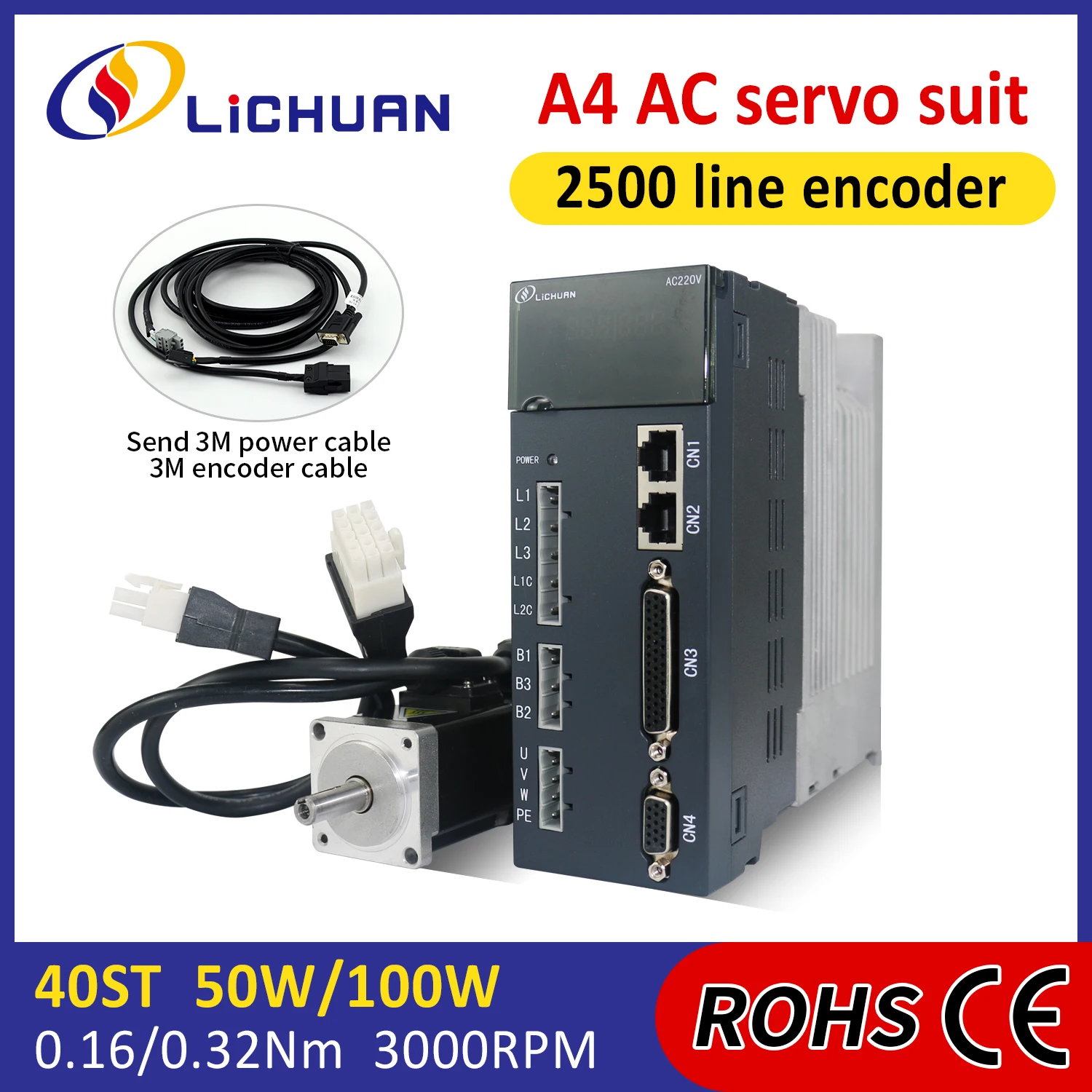 Lichuan A4 3000rpm 50/100W AC Servo Motor Controller 220V 0.4/0.6A 0.16/0.32N.m AC Servo Motor Drivers Kit for Detection Machine