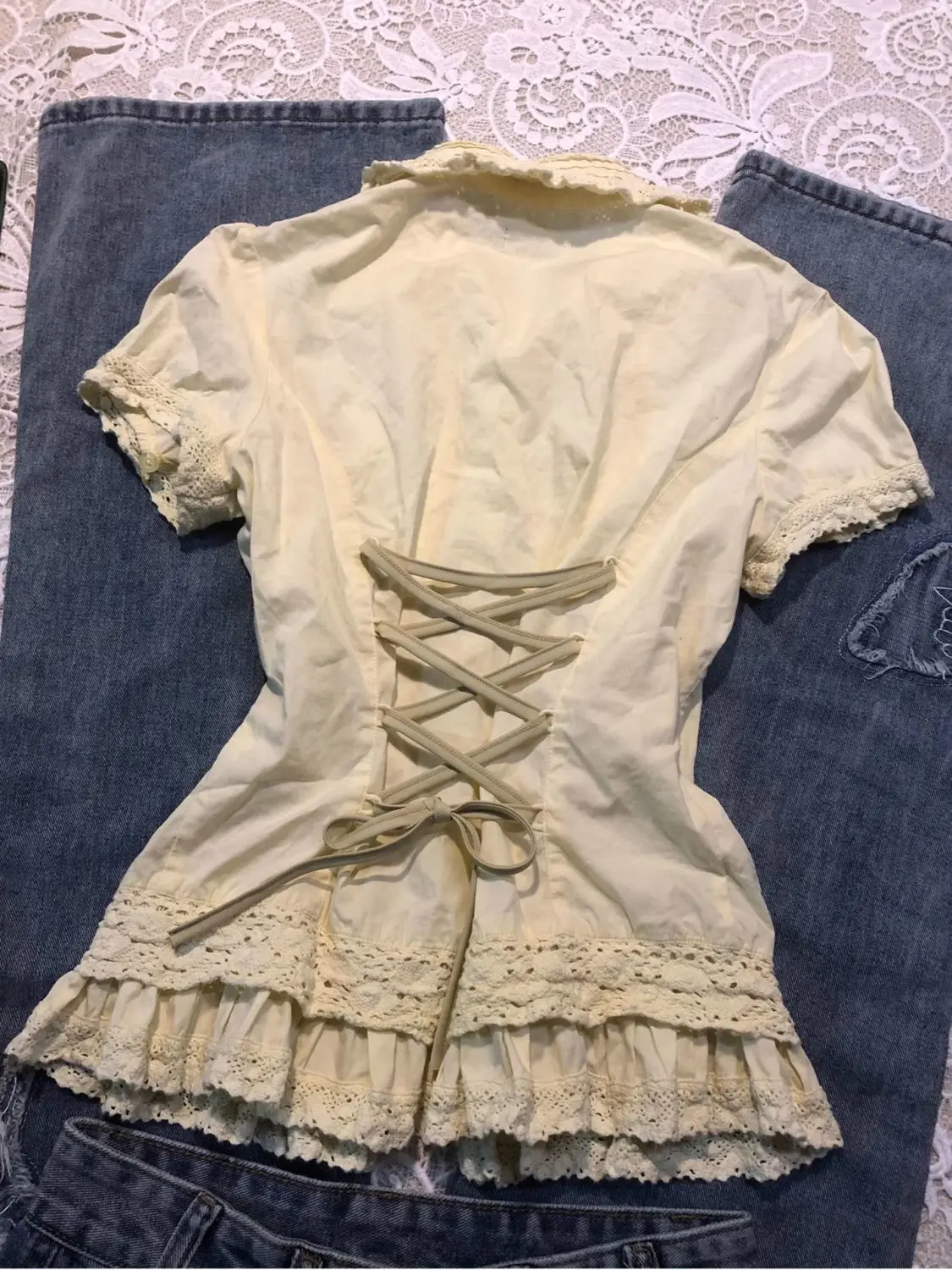 Harajuku T-shirt Vintage Woman Clothing Y2k 2000s Sweet Short Sleeved Slim Polo Lace Streetwear Crop Top Lace-up Elegant Emo Tee