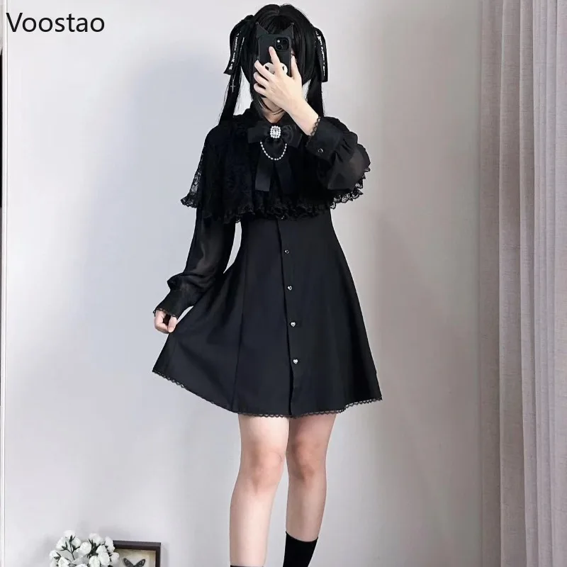 Japanese Gothic Style Rhinestone Pearl Bow Dress Women Lace Ruffles Shawl Long Sleeve Slim Shirts Dresses Lolita Y2k Party Dress