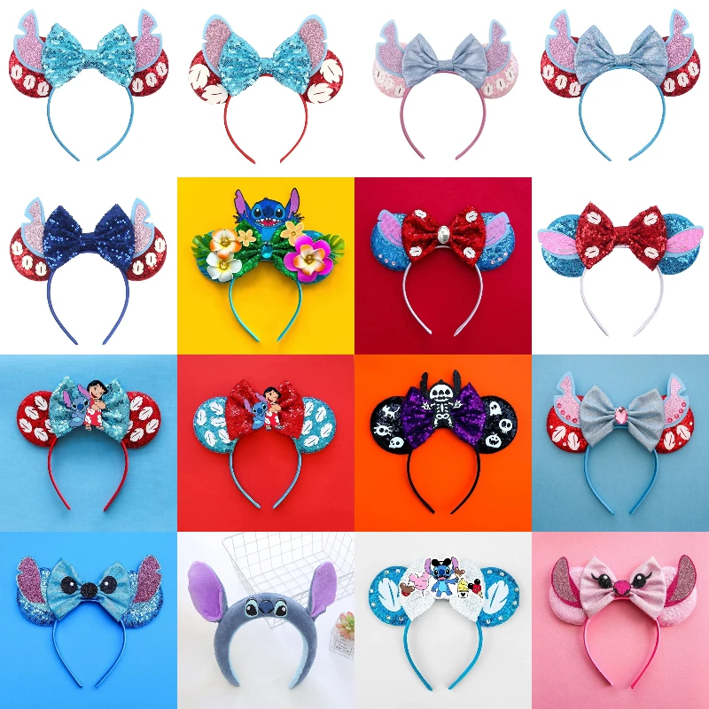 Süße Lilo & Stitch Haar bänder für Mädchen Anime Blätter Ohren Stirnband Kinder Disney Engel Haarschmuck Frauen Pailletten Bogen Kopf bedeckung