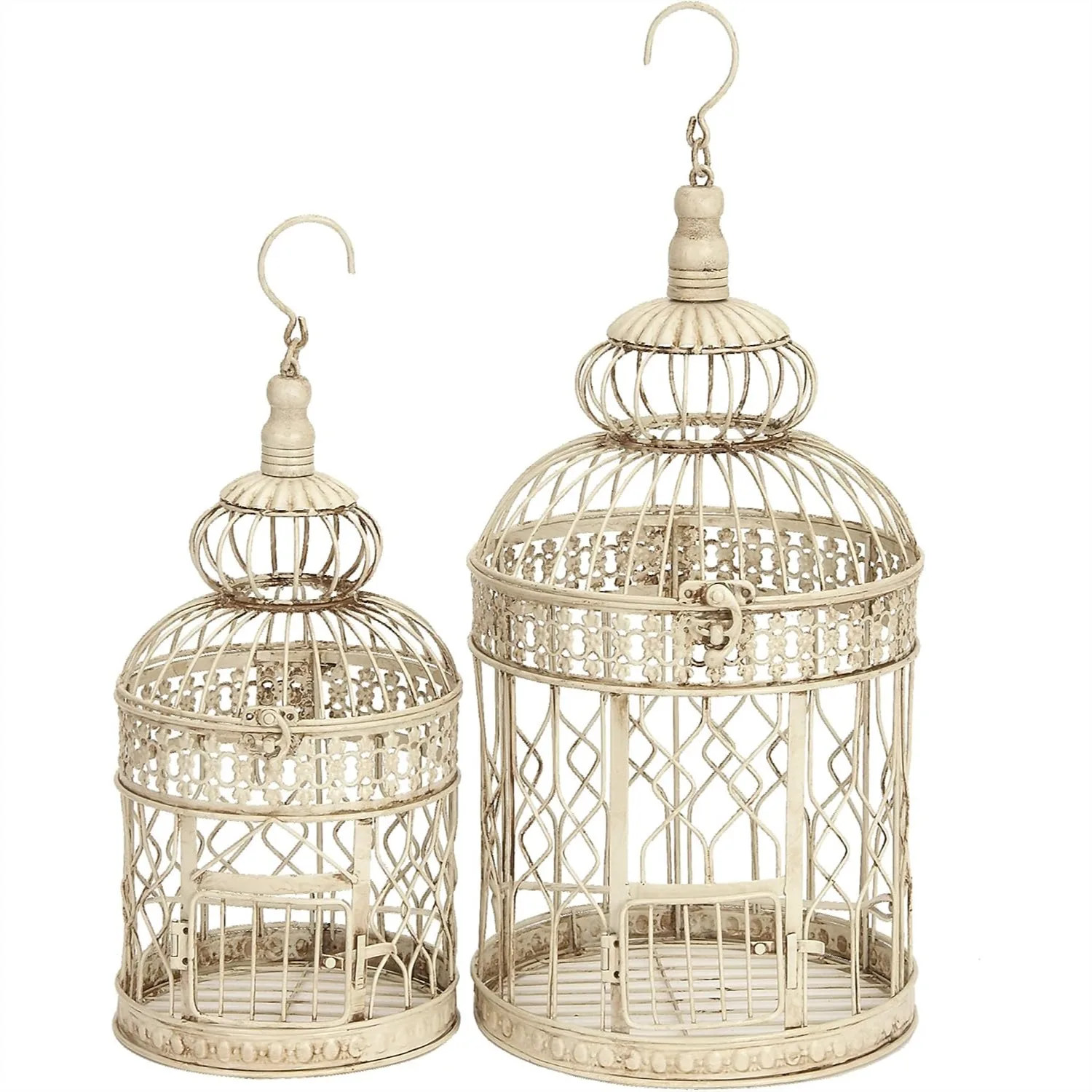 

Metal Round Birdcage with Latch Lock Closure and Hanging Hook, Set of 2, Cream, 22" and 18"H