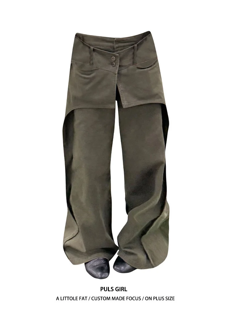 

Джинсы женские с высокой талией и широкими штанинами, больших размеров, в стиле пэчворк, американский ретро-стиль, имитация двухслойности, повседневные, удобные брюки