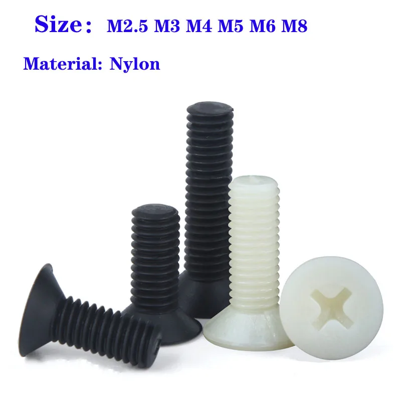 20-100pcs Nylon Phillips Screws M2.5 M3 M4 M5 M6 M8 Plastic White/Black Flat Countersunk Head Cross Recess Insulation Screw Bolt