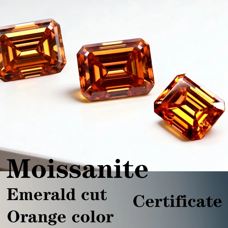 

Emerald Cut Moissanite Stone VVS1 Orange Color Certificate Artificial Gemstone DIY Jewelry
