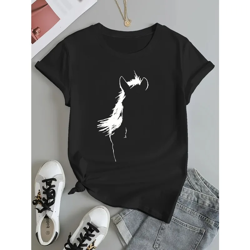 Damen Kurzarm-T-Shirt mit Pferdemotiv, gewaschen, mit Tiermustern für Frühling, Sommer, Herbst, Winter, Damen-Freizeit-T-Shirt – Detail 3