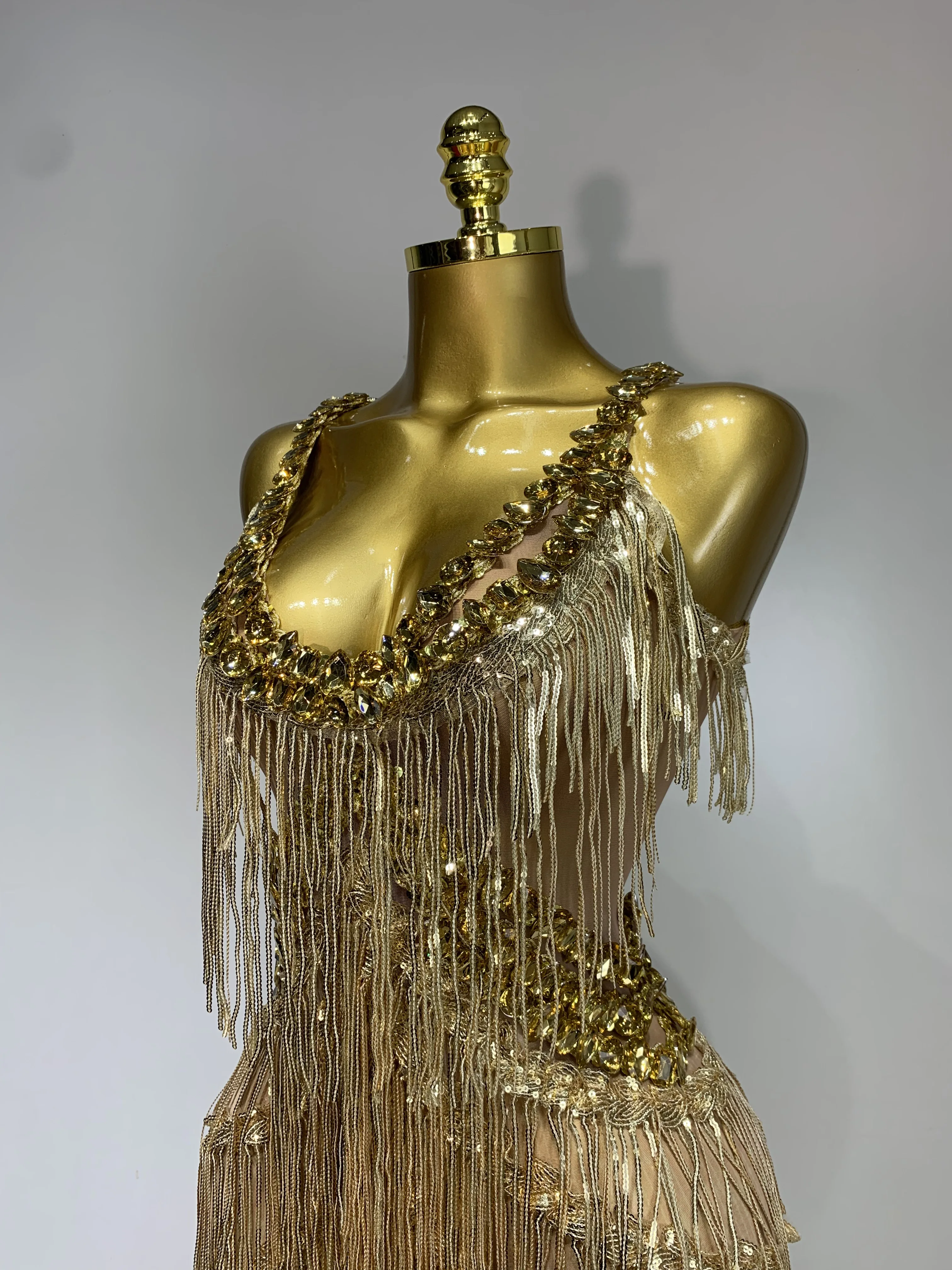 المرأة سباركلي الذهب الراين الترتر هامش بذلة مثير ملهى ليلي حفلة عيد ميلاد الزي تظهر المغني المرحلة أداء زي