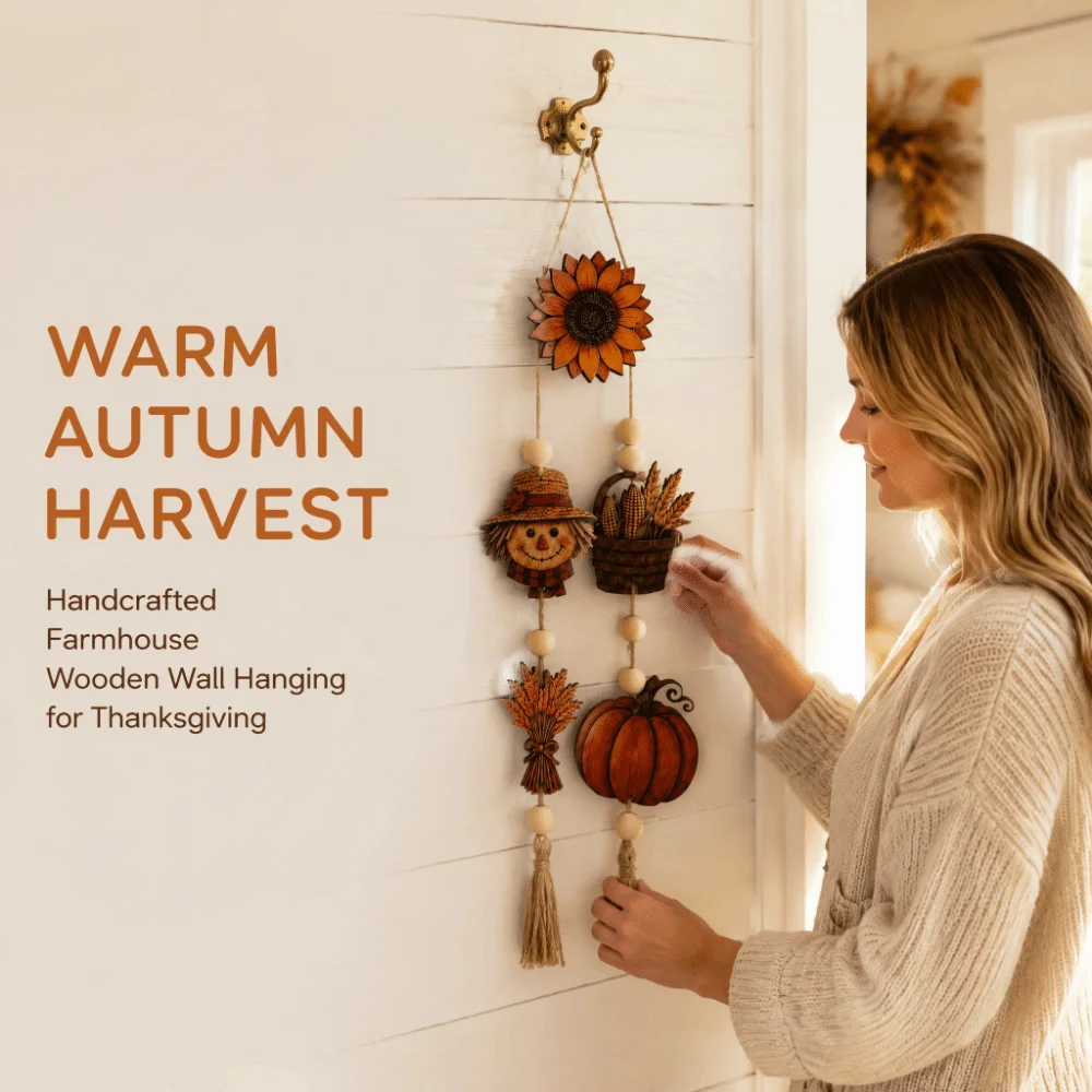 Pumpkin Fall Harvest Wooden Wall Hanging Corn Basket Rustic Style Scarecrow Sunflower Ornament 2D Flat Print Handcrafted