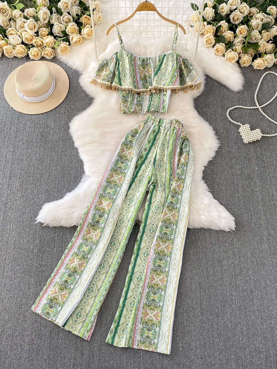 

Pure Desire One-Two oulder Ruffle Design Tassel ort Top Высокая талия Широкие брюки с принтом Faion Комплект для молодых женщин