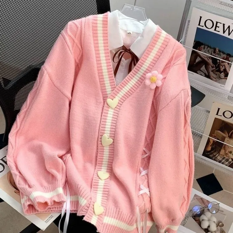 Sweet Bow Knitting Cardigan Coat Women Autumn Winter Love Button V-neck Long Sleeve Sweater All-match Fashion Knitwear Tops