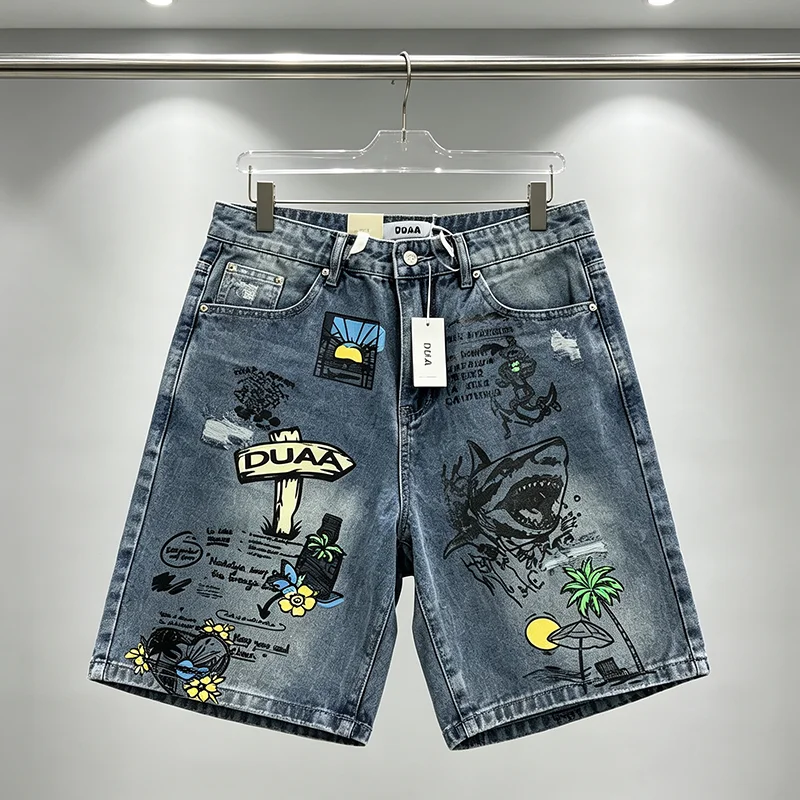 DUAA Graffiti Print Denim Bermuda Shorts Men Loose Washed Beach Graphic Five Points Jean Shorts