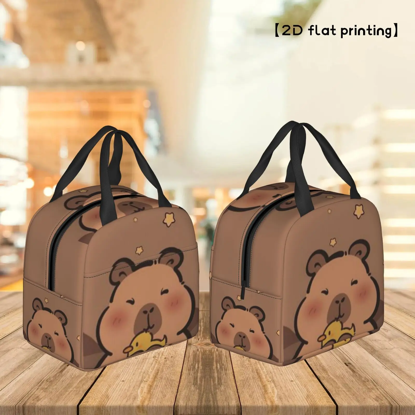 Cute Capybara Print Lunch Bag Insulated Tote Polyester Portable Cooler Bag for School Picnic
