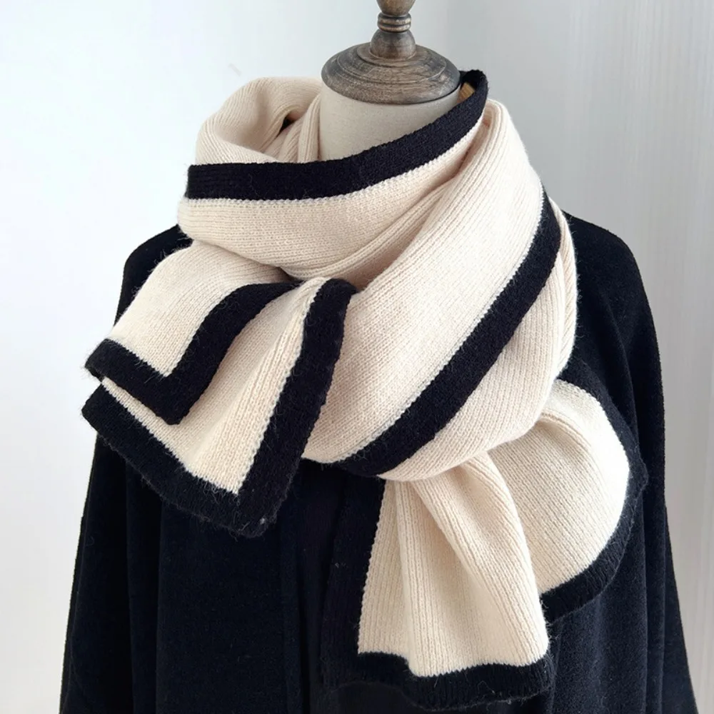 

Simple Thicken Winter Scarf Large Wool Knitted Scarfs Color Contrast Soft Plush Neckerchief Lady