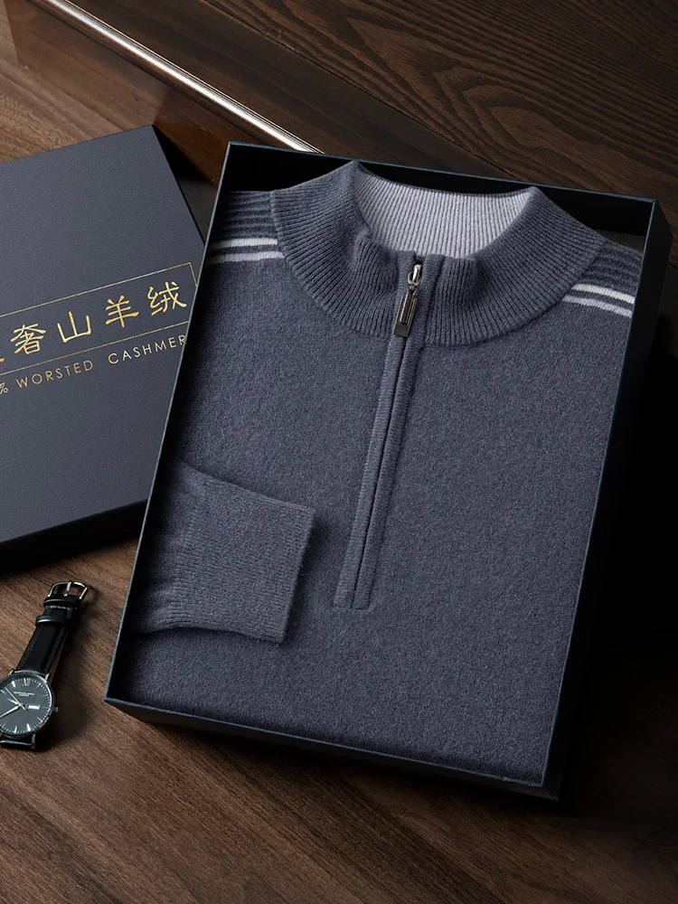 Men's Cashmere Zippers Pullovers Mock Neck Sweater Autumn Winter Smart Casual 100% Cashmere Knitwear Contrast Fold Shoulder Tops
