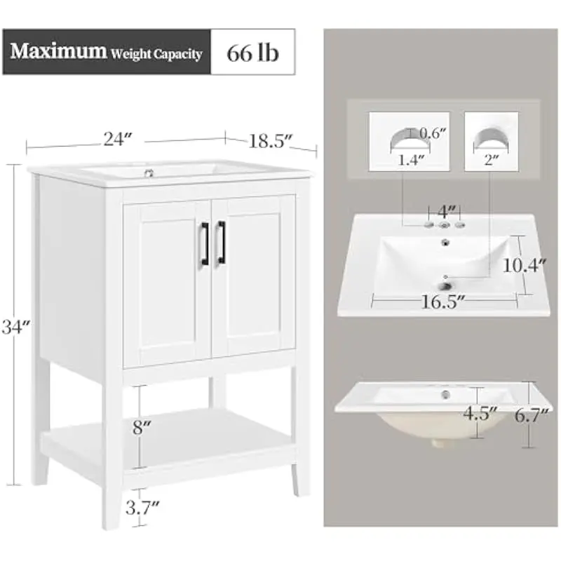 24 Inch Freestanding White Vanity with Ceramic Basin MDF Construction Soft-Close Door Wide Countertop Pre-Drilled Faucet Holes 3