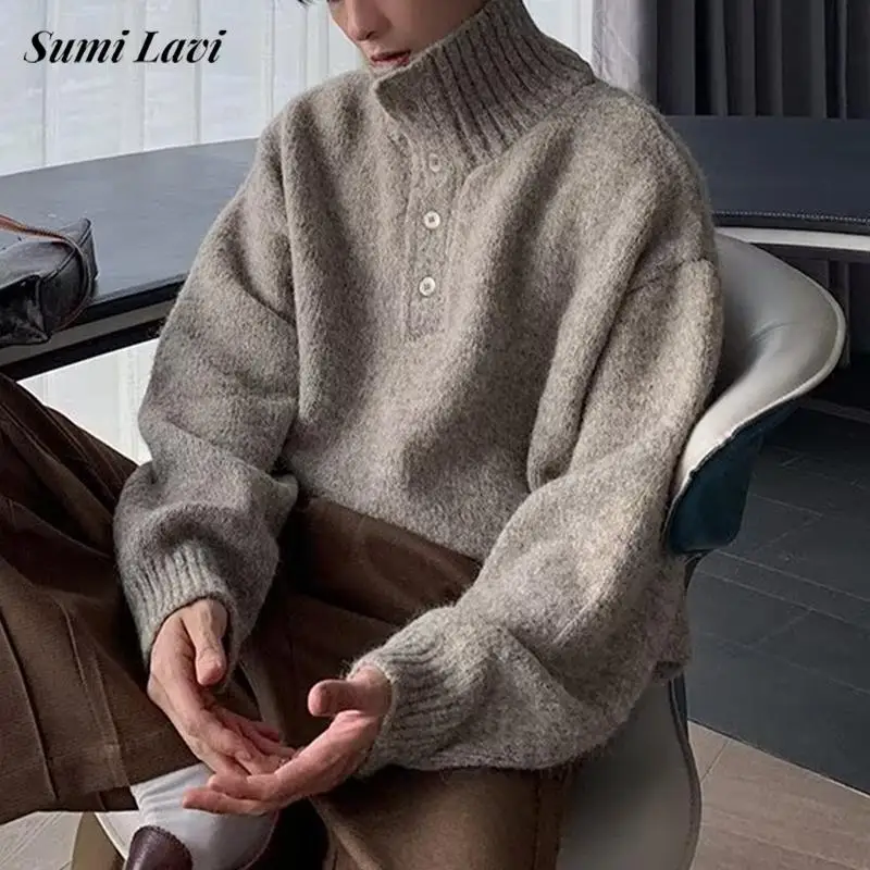 

Trendy Mens Slim Sweaters Turtleneck Buttoned Long Sleeve Knit Jumper Tops Men Autumn Winter Outdoor Casual Solid Color Sweater
