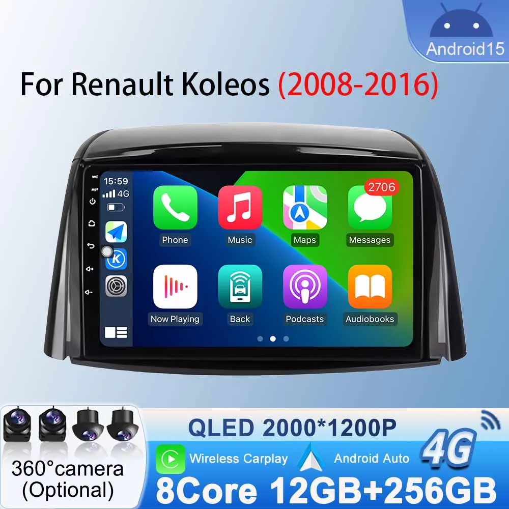 

For Renault Koleos 2008 -2016 Stereo Car Radio Multimedia Video Player Navigation GPS CarPlay Android Auto Head Unit Android 15