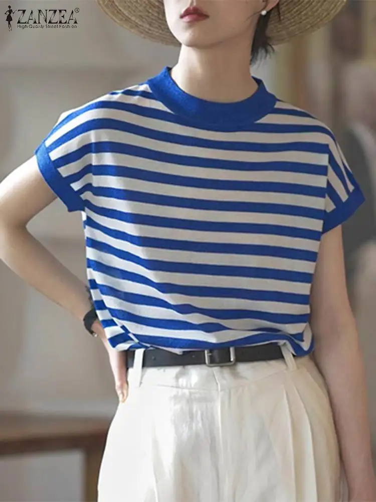 ZANZEA Fashion Women Short Sleeve Striped Blouse Summer Vintage Shirt Stylish Party Work Blusas Female Casual Tops Tunic Chemise